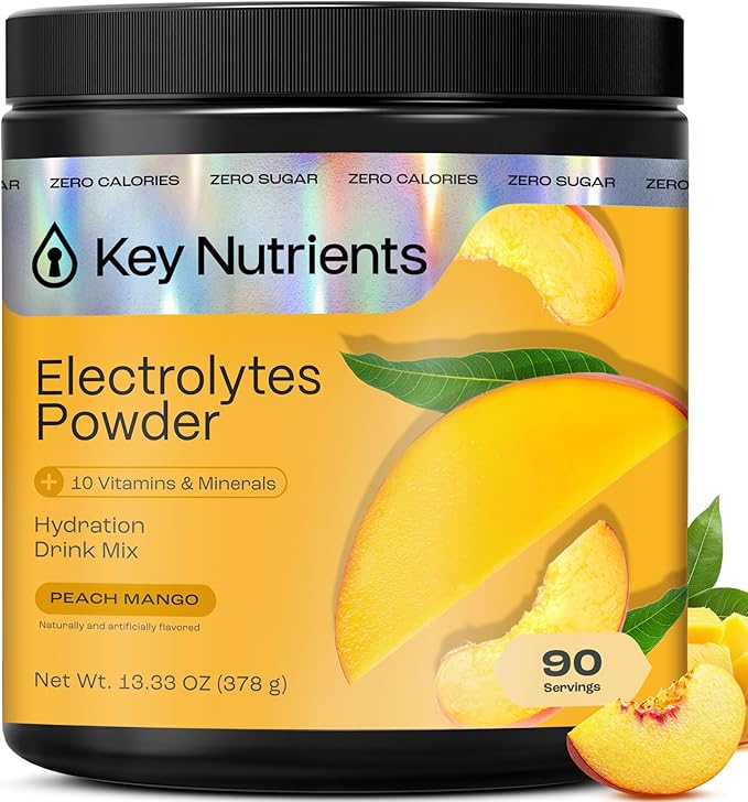 KEY NUTRIENTS Multivitamin Electrolytes Powder No Sugar - Tropical Peach Mango Electrolyte Powder - Endurance & Energy Supplement - Hydration Powder - No Calories - 90 Servings - Made in USA