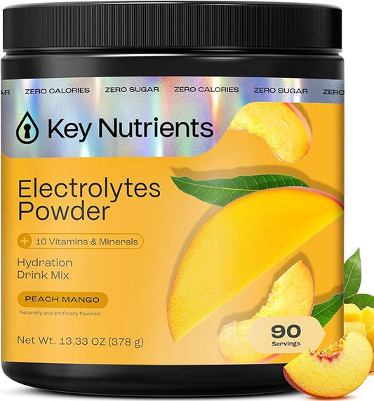KEY NUTRIENTS Multivitamin Electrolytes Powder No Sugar - Tropical Peach Mango Electrolyte Powder - Endurance & Energy Supplement - Hydration Powder - No Calories - 90 Servings - Made in USA