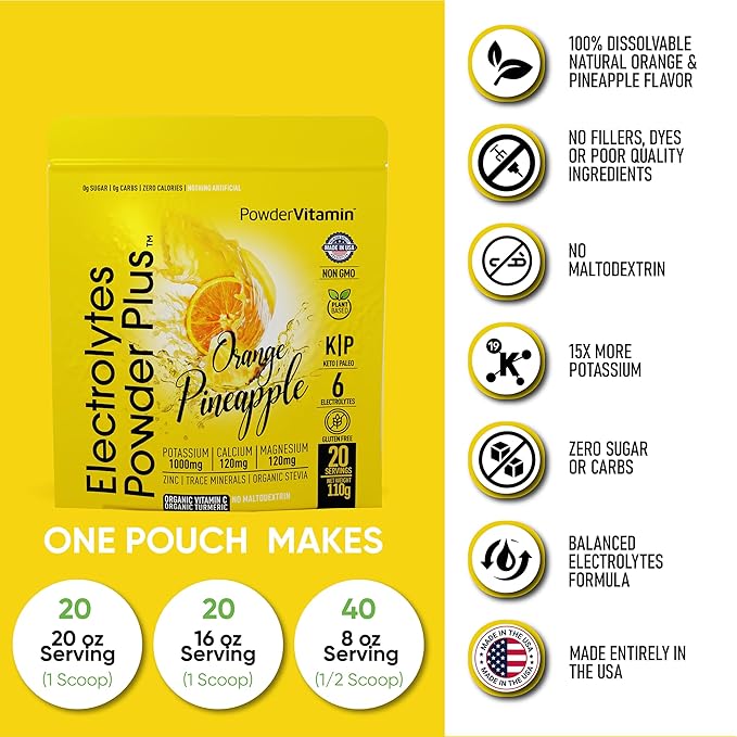 PowderVitamin Electrolytes Powder Plus (20 Servings) Orange Pineapple Electrolyte Powder Zero Calorie Keto,0 Sugar, No Maltodextrin,1000mg Potassium,120mg Calcium,120mg Magnesium, Pink Himalayan Salt