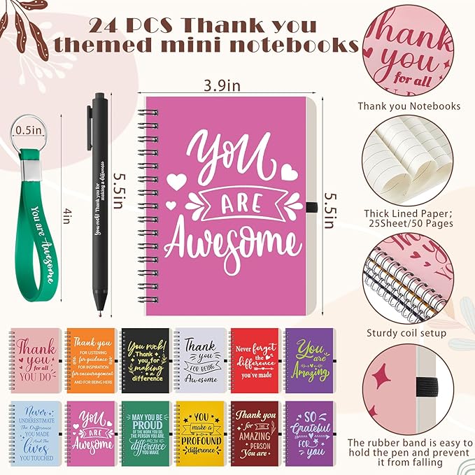 Skylety 24 Set Employee Appreciation Gifts Bulk Thank You Inspirational Gift Set 16 oz Coffee Cups with Thank You Notebook Pen Keychain for Staff Team Teacher Coworker Friend (Classic Color)