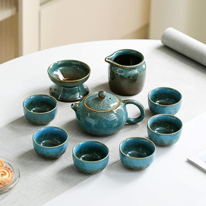 Chinese Tea Set, 10-Piece Ceramic Set with Teapot and Cups, Gongfu Tea Set,Tea Gift Sets,Outdoor and Office (Kiln-Changed Blue)