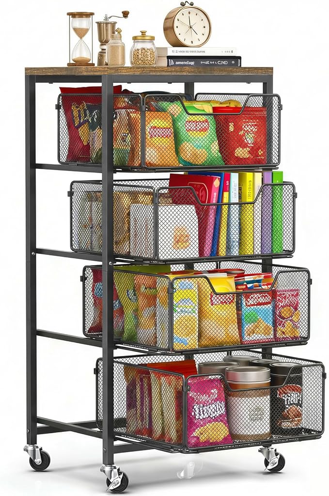 Rolling Cart with Drawers, 4-Tier Utility Cart Storage Organizer with Lockable Wheels, Metal Craft Storage Cart with Wooden Top for Kitchen, Bathroom, School, Studio, Office, Bedroom, Black