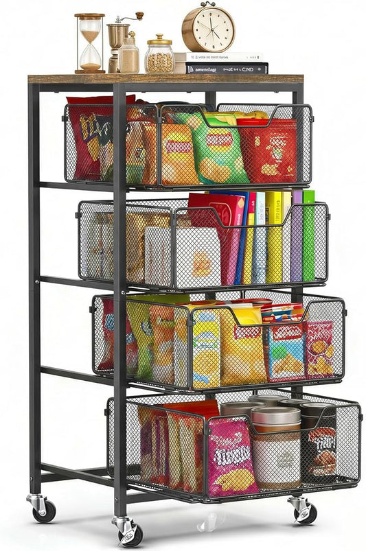 Rolling Cart with Drawers, 4-Tier Utility Cart Storage Organizer with Lockable Wheels, Metal Craft Storage Cart with Wooden Top for Kitchen, Bathroom, School, Studio, Office, Bedroom, Black