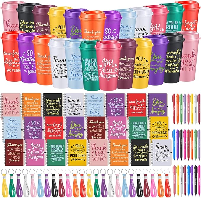 Skylety 24 Set Employee Appreciation Gifts Bulk Thank You Inspirational Gift Set 16 oz Coffee Cups with Thank You Notebook Pen Keychain for Staff Team Teacher Coworker Friend (Classic Color)
