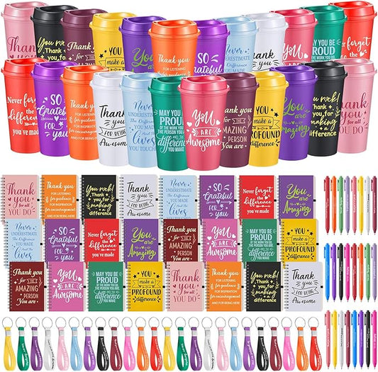 Skylety 24 Set Employee Appreciation Gifts Bulk Thank You Inspirational Gift Set 16 oz Coffee Cups with Thank You Notebook Pen Keychain for Staff Team Teacher Coworker Friend (Classic Color)