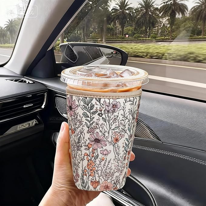 Reusable Insulated Neoprene Iced Coffee Cup Sleeve, Durable Drink Sleeve for Cold Beverages, Beverage Holder for Iced Coffee, Bloom Magic