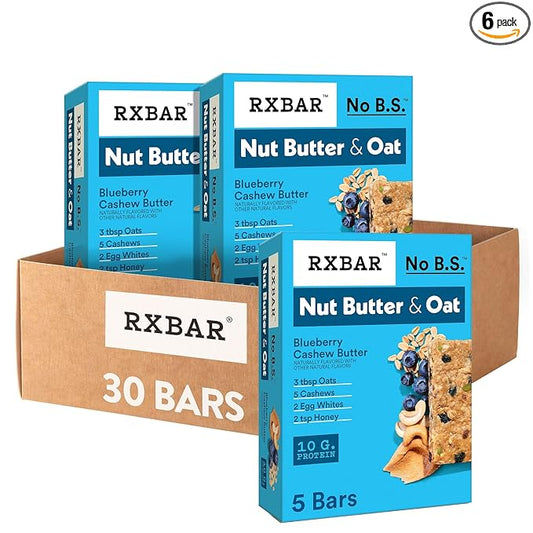 RXBAR Nut Butter and Oat Protein Bars, Protein Snacks, Blueberry Cashew Butter (6 Boxes, 30 Bars)