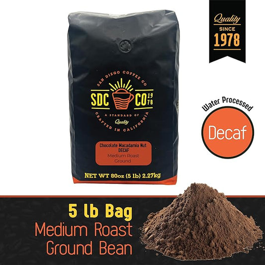 San Diego Coffee Chocolate Macadamia Nut DECAF, Medium Roast, Ground Coffee, 5-Pound Bag Café descafeinado molido tostado