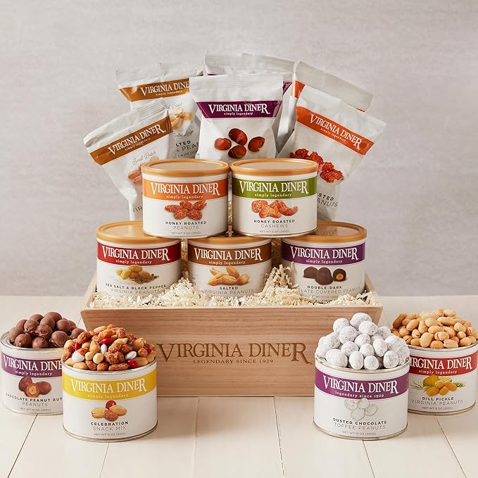 Virginia Diner Crafted Cravings Gift Set in Wooden Crate, 9 Assorted Nuts, Mixes and Chocolates, Over 6 Lbs