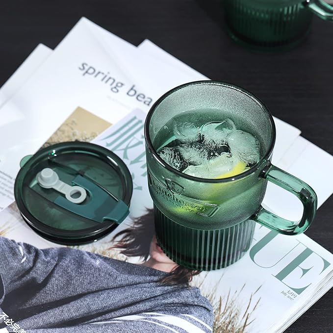 Joeyan Glass Coffee Cup Tumbler with Handle Lid and Straw, Smoothie Iced Coffee Tea Glasses Mug, Green Colored Drinking Jar for Water Juice Beverages Soda Milk, 15oz, Set of 2, Dishwasher Safe