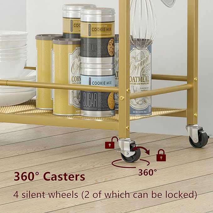 3 Tier Bar Cart Gold, Stylish Rolling Bar Cart, Gold Wine Cart with Wheels, Small Beverage cart, Metal Bar Carts Home, Liquor Cart with Glass Holders & Wine Rack for Kitchen Living Room GBC507G