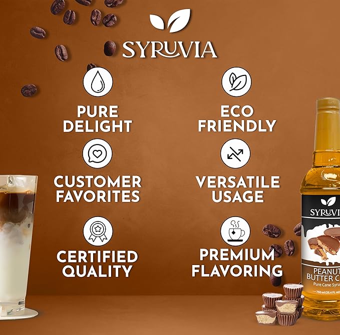 Syruvia Coffee Syrup, Peanut Butter Cup Flavored Syrup for Drinks, Lattes, and Desserts – 25.4 fl oz