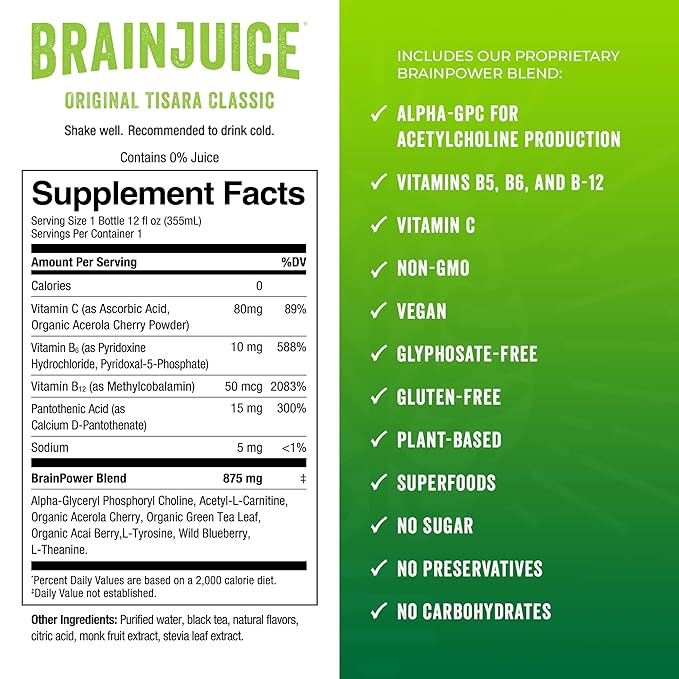 BrainJuice Brain Health Support Drink for Energy & Focus, Vitamin C, B5, B6 & B12, L Theanine, Alpha GPC & Natural Caffeine from Green Tea, Vegan, Gluten Free, Tisara Classic Tea, 12 Oz Can, 6 Pack