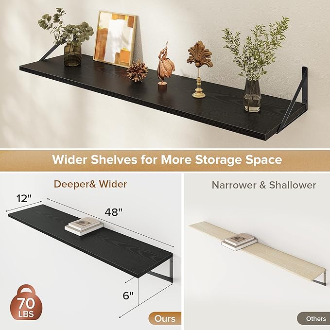 Deep Floating Shelves Wall Mounted, 48"x12" Black Wall Shelves with Brackets Set of 2 for Bedroom, Living Room, Bathroom, Kitchen, Office - Storage & Display Shelf for Decor, Books, Plants