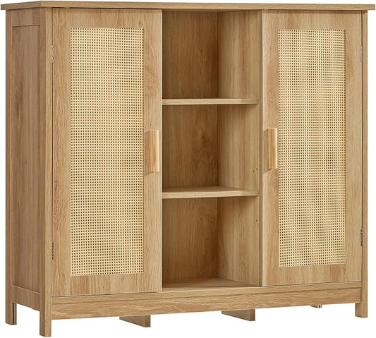 Iwell Rattan Storage Cabinet with 4 Adjustable Shelves, Coffee Bar Cabinet, Sideboard Buffet for Kitchen, Living Room, Entryway, Natural