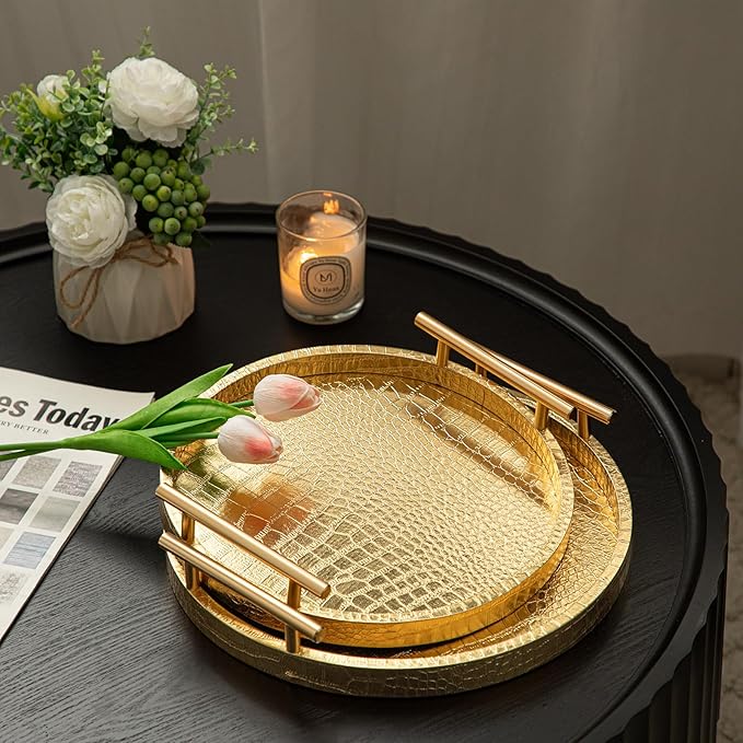 Modern Decorative Tray Set of 2, Wooden Round Crocodile Leather Tray with Polished Metal Handles, Decorative Serving Trays Coffee Table Trays Ottoman Platter for Home Decor (Golden)