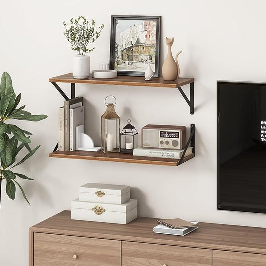 Deep Walnut Floating Shelves for Wall, 24"W x 10"D Wall Shelves Set of 2, 10 Inch Deep Floating Shelf with Brackets, Wide Display & Storage Shelves for Books, Living Room, Kitchen, Bathroom
