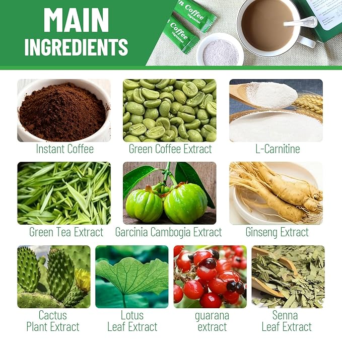Premium Green Coffee with Ganoderma & Herbal Extracts - Energizing Instant Coffee Blend for Metabolism & Antioxidant Support, 18 Sachets