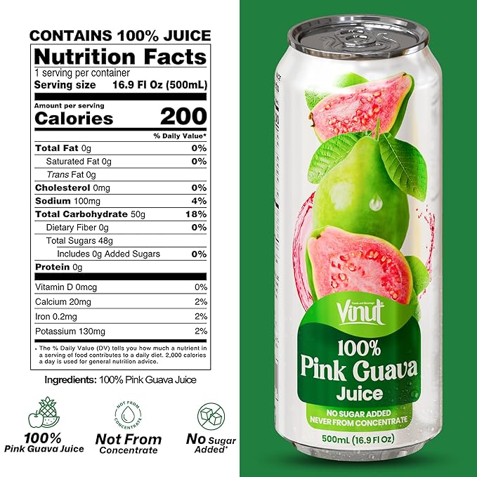 VINUT 100% Pink Guava Juice, No Added Sugar, Not From Concentrate, 16.9 fl oz (500 mL) Can, Pack of 12