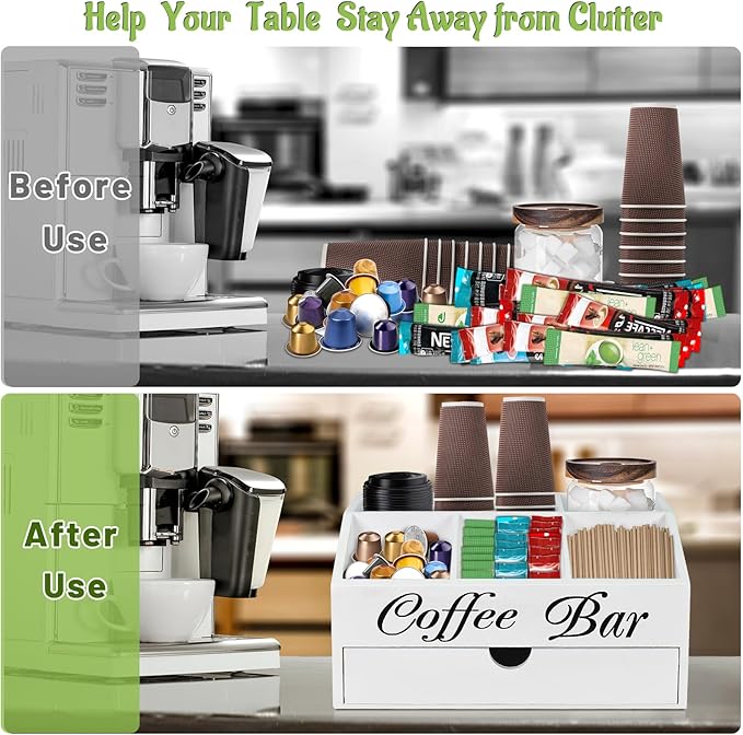 Coffee Bar Organizer Countertop, Wooden Bar Accessories With Drawer, Coffee Station Organizer Pods Holder Storage Basket, Farmhouse Tea Condiment Station