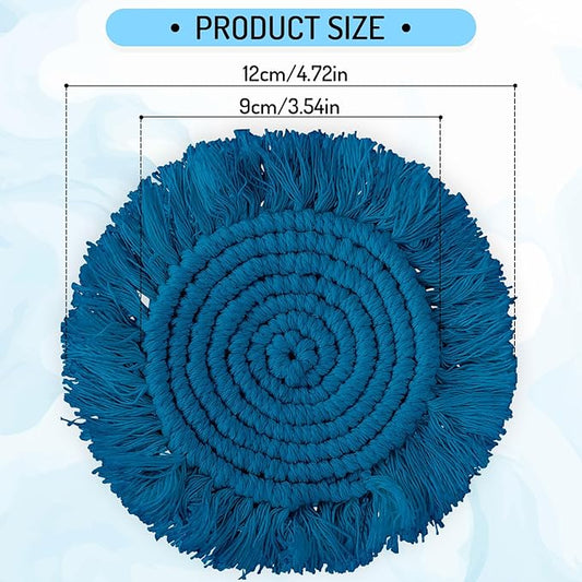Whaline 4Pcs Boho Macrame Coasters Blue Handmade Woven Drink Coasters Farmhouse Rustic Cup Mat Pad for Home Kitchen Office Table Desk Housewarming Gift Party Table Decor