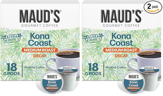 Maud's Decaf Kona Coffee Pods, 18 ct, Decaffeinated Medium Roast Coffee in Recyclable Single Serve Pods – 100% Arabica Coffee, Compatible with Keurig K Cups Maker (Pack of 2)