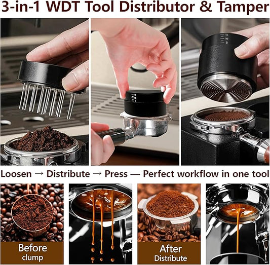 3-in-1 Coffee Distributor and Tamper with WDT Tool – Espresso Distribution Tool Set, Professional Espresso Accessories Kit, Fits 51mm Portafilters (51mm)