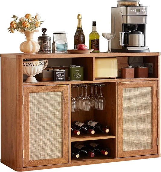 Lerliuo Rattan Wine Cabinet with 2 Doors, Boho Liquor Cabinet with Wine Racks, Farmhouse Coffee Bar Station for Living Room, Dining Room, Kitchen, Tea Brown