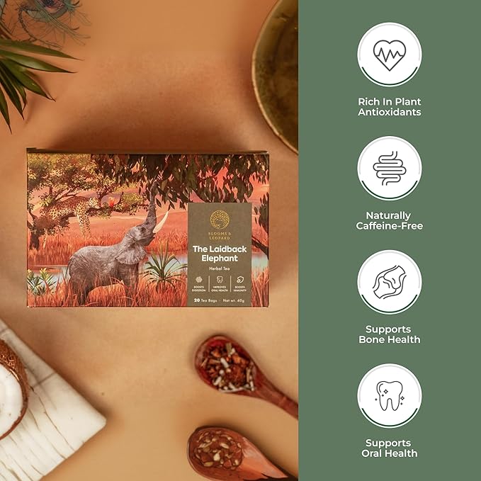 Blooms & Leopard Premium Herbal Tea Bags | The Laidback Elephant Blend | Rooibos, Apple, Lemongrass, Lemon Peel & Coconut Flakes | Caffeine-Free Herbal Infusion for Relaxation, Detox & Wellness | 20 Pyramid Tea Bags