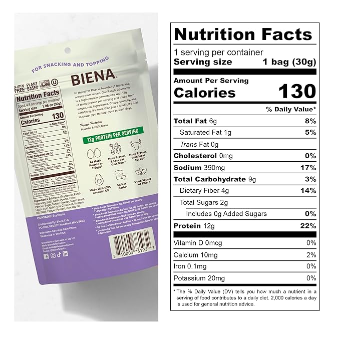 Biena Crispy Roasted Edamame Beans Snack – High Protein Snack for Adults & Kids, 12g-13g Protein per Serving - Made with Avocado Oil – Vegan, Low Carb, Gluten-Free – 3-Pack 4.75oz, Ranch