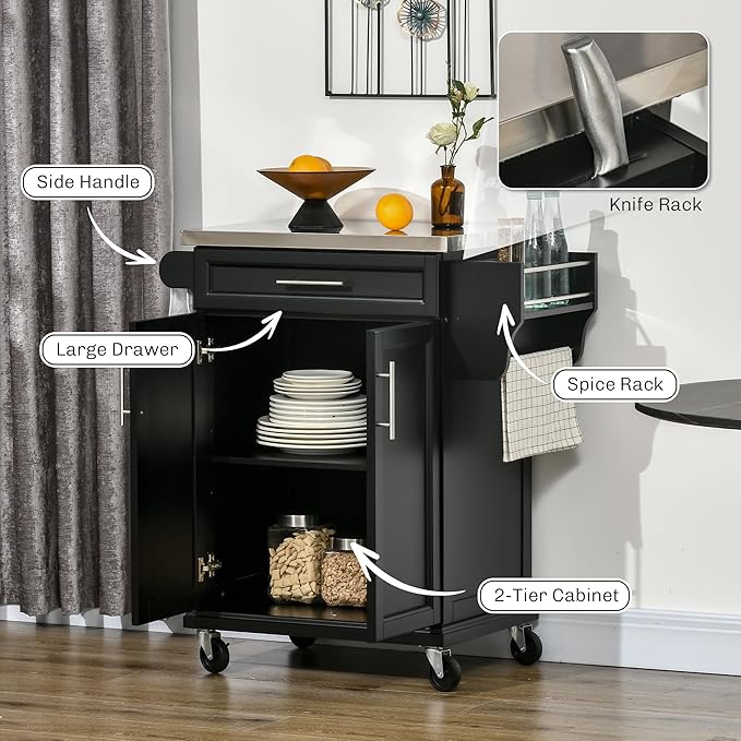 HOMCOM Kitchen Island on Wheels, Rolling Kitchen Cart with Stainless Steel Countertop, Drawer, Towel Rack and Spice Rack, Utility Storage Trolley, Black