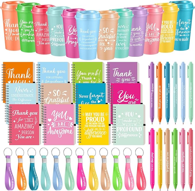 Skylety 12 Set/48 Pcs Employee Appreciation Gifts Bulk Christmas Thank You Gift Set 16 oz Coffee Cups Mini Spiral Notebooks Pens Keychains for Staff Team Teacher Coworker (Pastel Color)