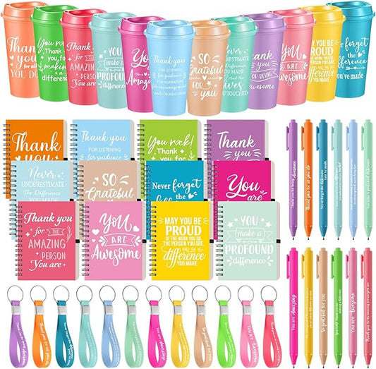Skylety 12 Set/48 Pcs Employee Appreciation Gifts Bulk Christmas Thank You Gift Set 16 oz Coffee Cups Mini Spiral Notebooks Pens Keychains for Staff Team Teacher Coworker (Pastel Color)