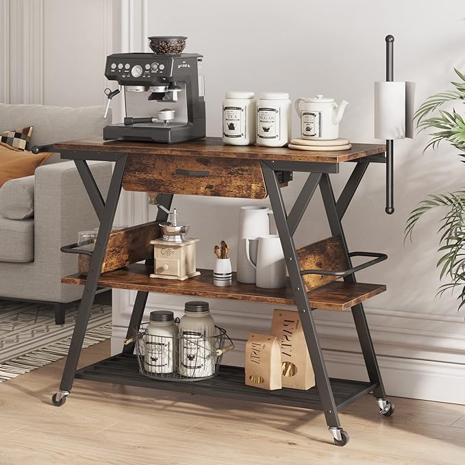 Bestier Coffee Cart Station, 48" W Coffee Bar Cart with Storage Drawer, Mobile Kitchen Island on Lockable Wheels, Coffee Bar Table with Paper & Towel Holder for Dinning Room Living Room, Rustic Brown