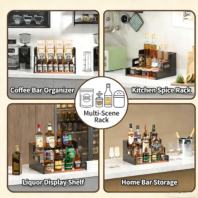 Yelinkws Liquor Bottle Display Shelf,Wood Syrup Organizer Rack,3 Step Countertop Organizer Wine Rack,Rustic Coffee Station Accessories for Syrup (Brown)