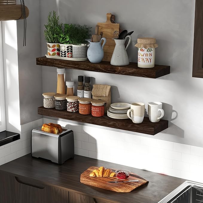 Fun Memories Wood Floating Shelves 36 Inch Long, Solid Elm Wood Wall Shelves Set of 2 for Kitchen, Living Room, Bedroom, Wall-Mounted Rustic Wooden Bathroom Shelf Storage Shelf for Farmhouse, Walnut
