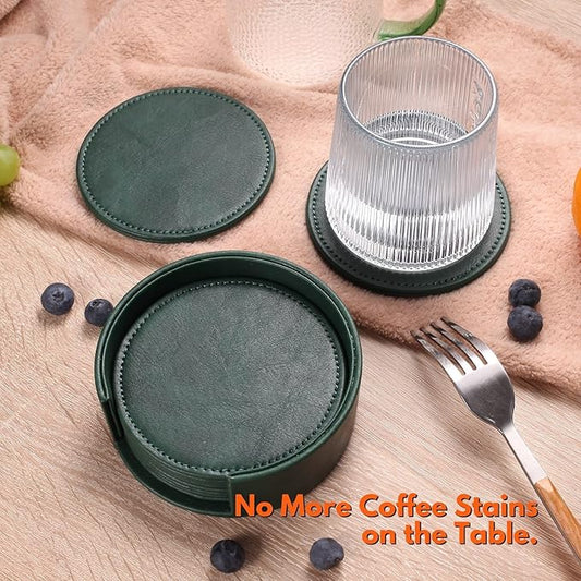 LAMOTI Leather Coasters for Drinks, 4" Drink Coasters Set of 6 with Holder for Tabletop Protection, Handmade Luxurious Home Décor and Housewarming Gift (Green)