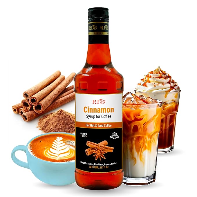 RIO Cinnamon Coffee Syrup, Perfect for Hot or Iced Drinks & Desserts, Warm & Inviting Flavor Sweetened with Pure Cane Sugar, Barista-Grade Flavor Syrups for Coffee Drinks at Home & Work - 700ml