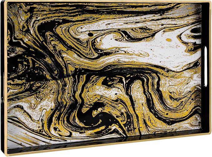 MAONAME Black Decorative Tray with Handles, Plastic Serving Tray for Coffee Table, Marbling Rectangular Tray for Ottoman, Bathroom, Storage, 15.7" Lx 10.2" W X 1.57" H