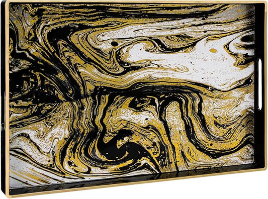 MAONAME Black Decorative Tray with Handles, Plastic Serving Tray for Coffee Table, Marbling Rectangular Tray for Ottoman, Bathroom, Storage, 15.7" Lx 10.2" W X 1.57" H