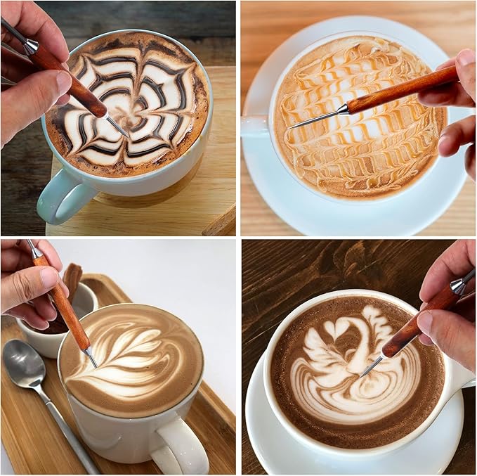 2 Pack Latte Art Pen, Stainless Steel Coffee Drawing Tool with Wood Handle, Barista Tools for Espresso Designs, Home and Cafe Use