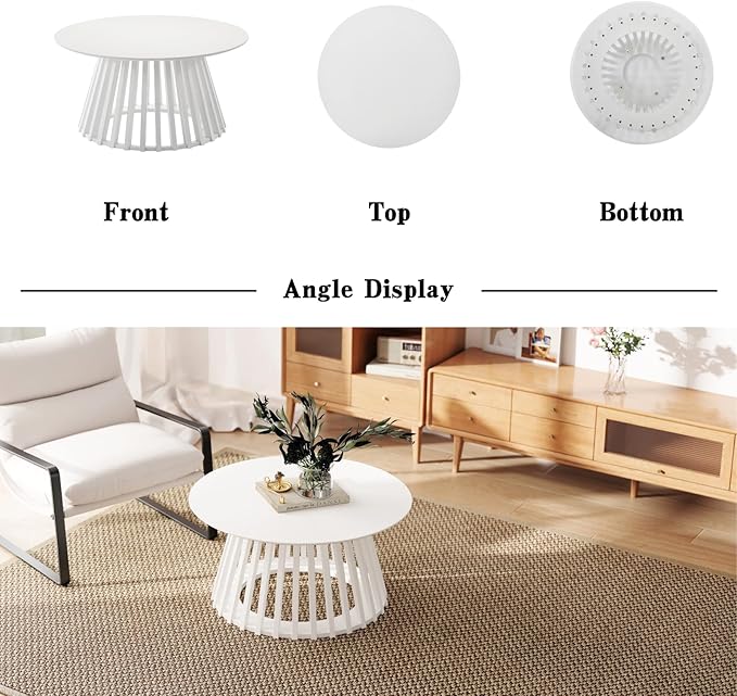 DUOMAY Modern Solid Wood Round Coffee Table with Geometric Base, Sturdy Wood Center Table for Living Room, Lounge, Office, White Color