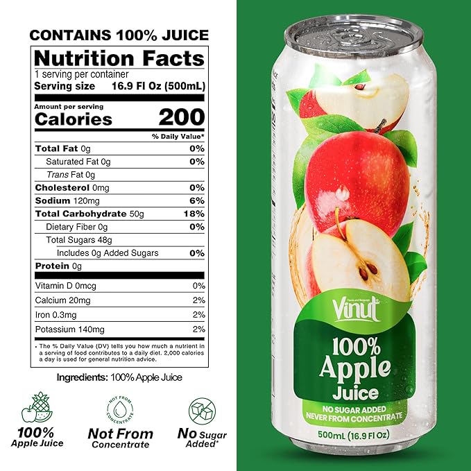 VINUT 100% Apple Juice, No Added Sugar, Not From Concentrate, 16.9 fl oz (500 mL) Can, Pack of 12