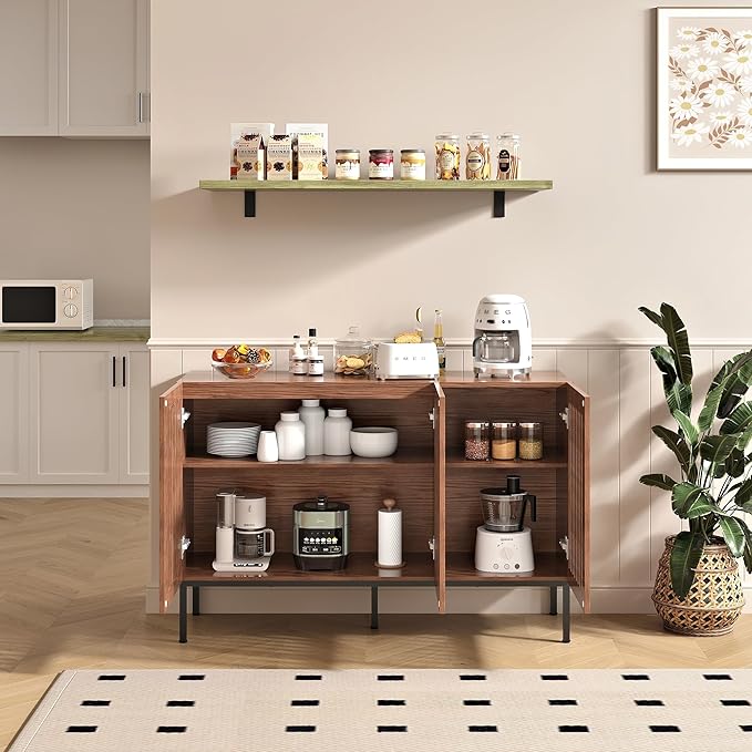 Buffet Cabinet, Modern Credenza Storage Cabinet with Adjustable Shelves and Metal Base, 47 Inch Wood Multifunctional Console Table for Kitchen, Living Room, Entryway, Brown