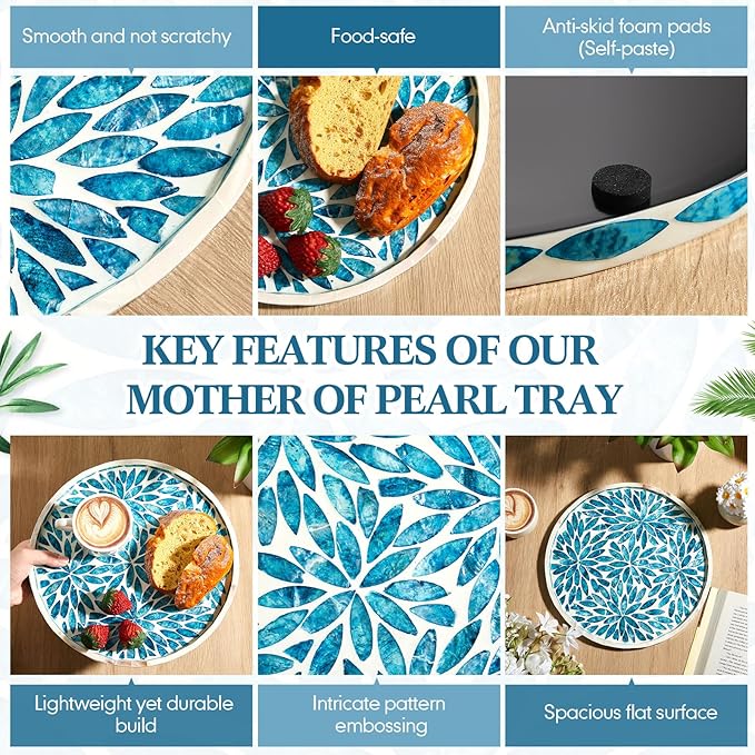 Chunful Mother of Pearl Round Serving Tray Wood Coffee Table Tray 10.4 Inch for Tea Breakfast Kitchen Cabinet(Leaf Style)