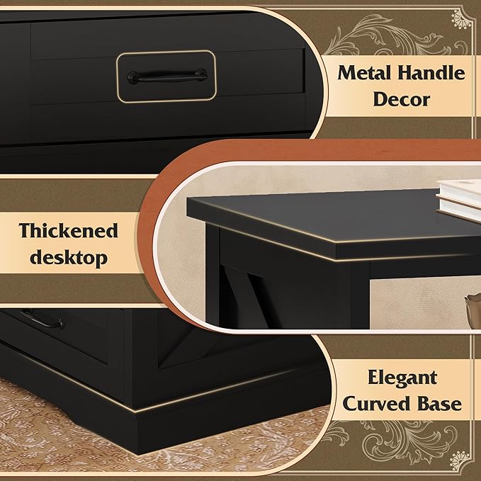 WLIVE Coffee Table for Living Room, 43" Framhouse Coffee Table with 2 Storage Drawers, Modern Center Table with Open Display Area, Elegant Curved Base, Black