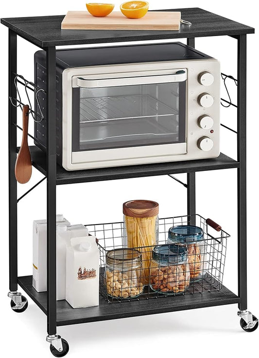 VASAGLE Kitchen Shelf on Wheels, 23.6 Inches Serving Cart with 3 Shelves, Kitchen Cart, Microwave Shelf, for Mini Oven, Toaster, with 6 Hooks, Industrial Style, Ebony Black and Ink Black UKKS060B42