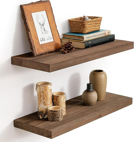 Marsmiles Floating Shelves | 24 Inch Dark Wood Wall Shelves Set of 2 | 9.3 Inch Deep Rustic Reclaimed Wood Shelves for Room Wall | Farmhouse Floating Shelves for Living Room Bathroom