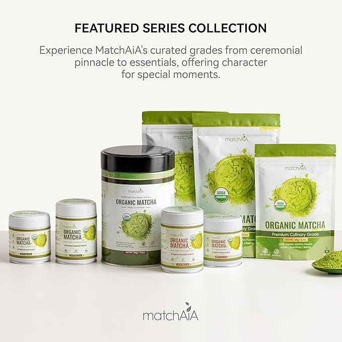 MatchAiA Organic Matcha Green Tea Powder - Premium Culinary Grade, USDA Certified, 100% Pure - Perfect for Lattes, Smoothies, Desserts and Baking - Sugar Free, Gluten Free (150g / 5.3oz Pouch)