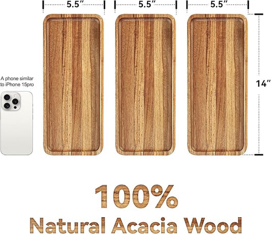 Anyvape Acacia Wood Serving Trays, Set of 3 Wooden Serving Platters for Home Decor, Food, Cheese, Fruit, Vegetables, Charcuterie, Appetizer Serving Tray(14 x 5.47 x 0.78 inches)